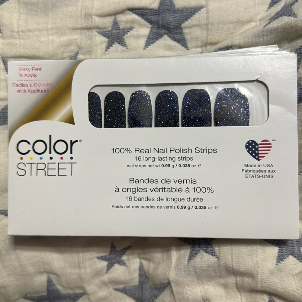 ColorStreet “Living the Gleam” purple and black glitter nail polish strips.
